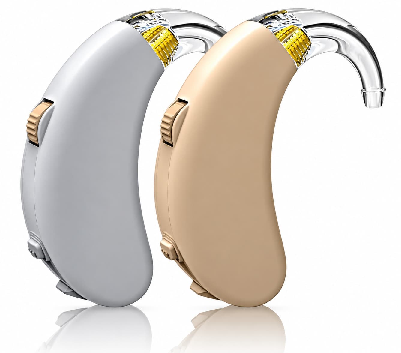 Two behind-the-ear hearing aids side by side, one silver and one gold